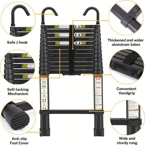 Telescopic Ladder, 12.5FT CoolHut Aluminum Telescoping Ladder with Non-Slip Feet and Stable Hook, Portable Extension Ladder for Household and Outdoor