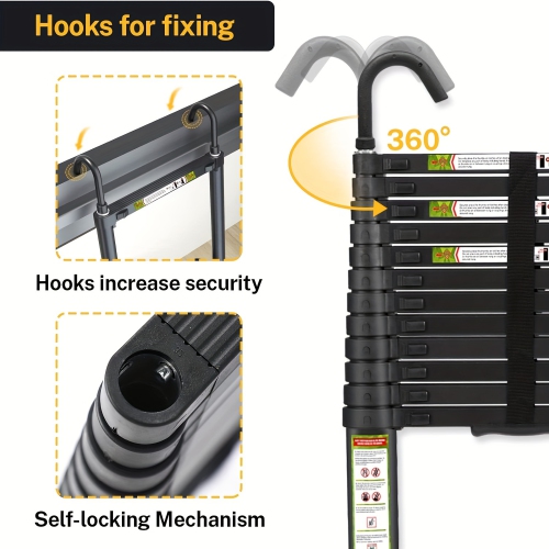 Telescopic Ladder, 12.5FT CoolHut Aluminum Telescoping Ladder with Non-Slip Feet and Stable Hook, Portable Extension Ladder for Household and Outdoor