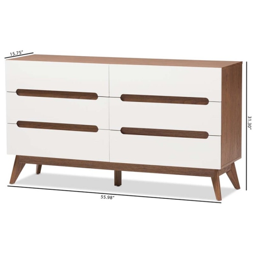 Baxton Studio Calypso 6 Drawer Double Dresser in White and Walnut