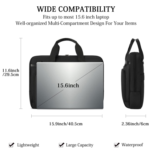 Sac pour portable 15,6 po mallette étanche pour ordinateur portable pour homme grand sac messager pour travail professionnel de voyage, noir