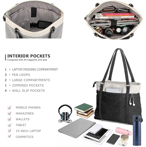 Women Laptop Tote Bag for Work Lightweight Splice Canvas 15.6 Inch Handbag Purse
