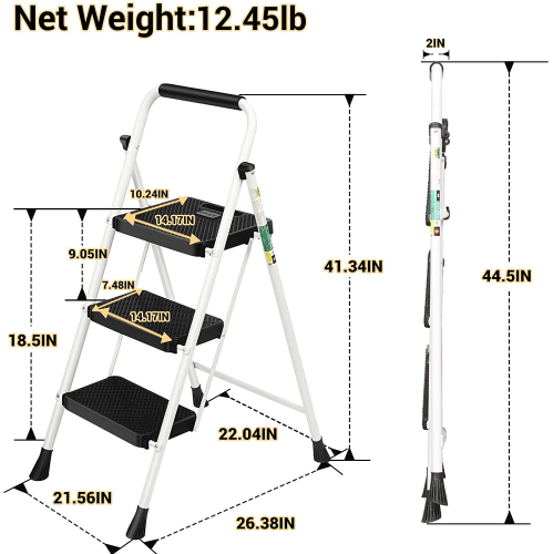 3 Step Ladder, CoolHut Folding Step Stool, Step Stool with Wide Anti-Slip Pedal, Portable Folding Step Ladder with Handgrip, Multi-use Steel Ladder