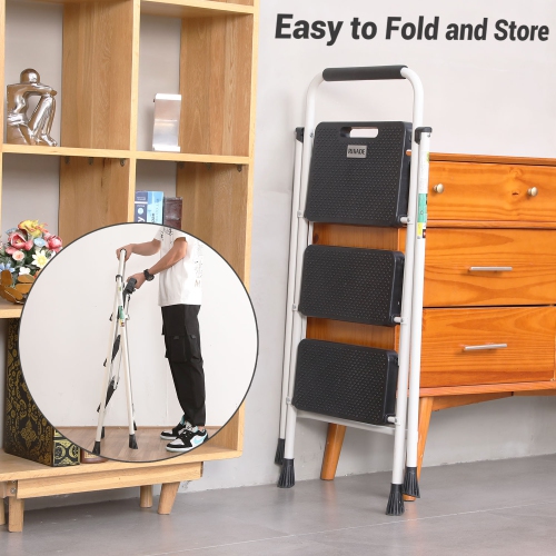 3 Step Ladder, CoolHut Folding Step Stool, Step Stool with Wide Anti-Slip Pedal, Portable Folding Step Ladder with Handgrip, Multi-use Steel Ladder