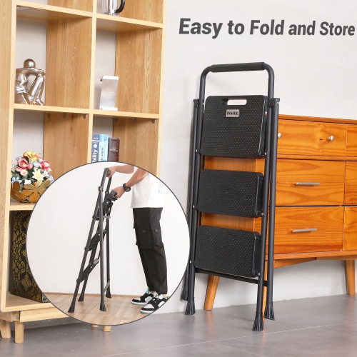 3 Step Ladder, CoolHut Folding Step Stool, Step Stool with Wide Anti-Slip Pedal, Portable Folding Step Ladder with Handgrip, Multi-use Steel Ladder
