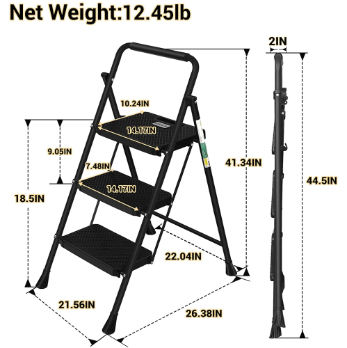 3 Step Ladder, CoolHut Folding Step Stool, Step Stool with Wide Anti-Slip Pedal, Portable Folding Step Ladder with Handgrip, Multi-use Steel Ladder