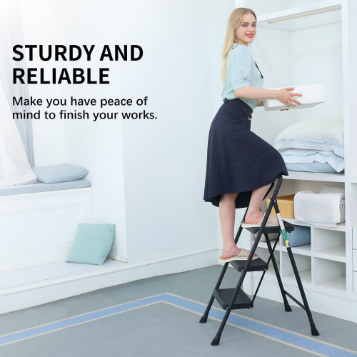 3 Step Ladder, CoolHut Folding Step Stool, Step Stool with Wide Anti-Slip Pedal, Portable Folding Step Ladder with Handgrip, Multi-use Steel Ladder