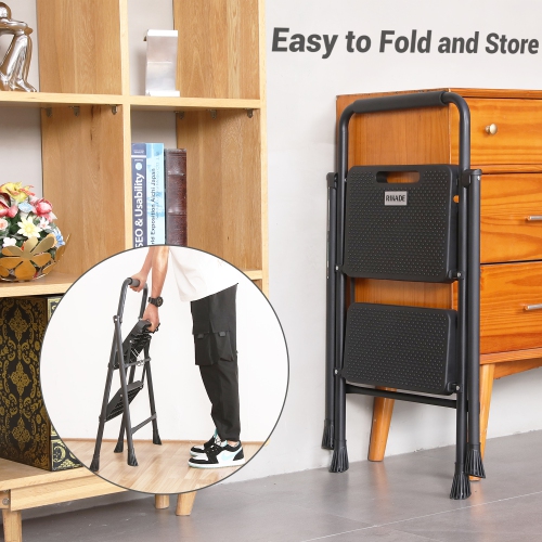 2 Step Ladder, CoolHut Folding Step Stool, Step Stool with Wide Anti-Slip Pedal, Portable Folding Step Ladder with Handgrip, Multi-use Steel Ladder