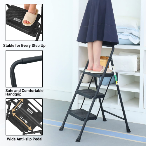 2 Step Ladder, CoolHut Folding Step Stool, Step Stool with Wide Anti-Slip Pedal, Portable Folding Step Ladder with Handgrip, Multi-use Steel Ladder