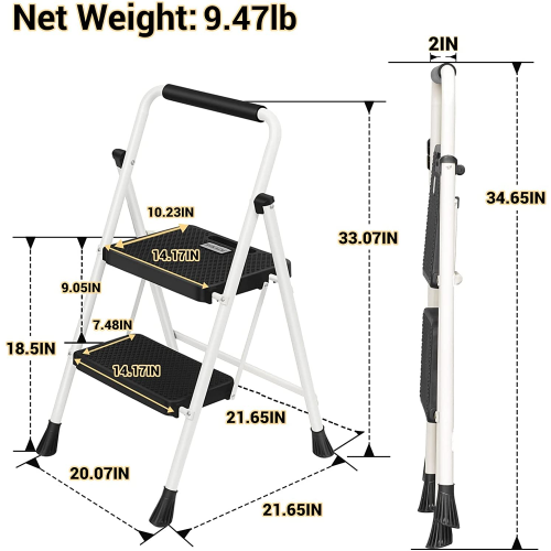 2 Step Ladder, CoolHut Folding Step Stool, Step Stool with Wide Anti-Slip Pedal, Portable Folding Step Ladder with Handgrip, Multi-use Steel Ladder