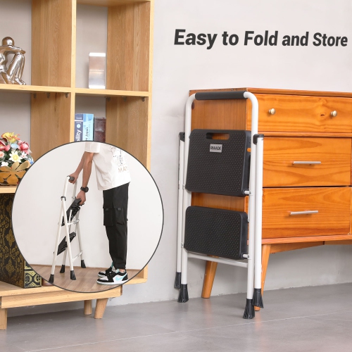 2 Step Ladder, CoolHut Folding Step Stool, Step Stool with Wide Anti-Slip Pedal, Portable Folding Step Ladder with Handgrip, Multi-use Steel Ladder