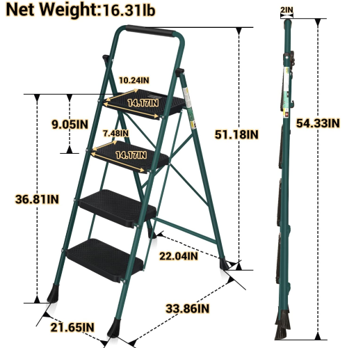 4 Step Ladder, CoolHut Folding Step Stool, Step Stool with Wide Anti-Slip Pedal, Portable Folding Step Ladder with Handgrip, Multi-use Steel Ladder