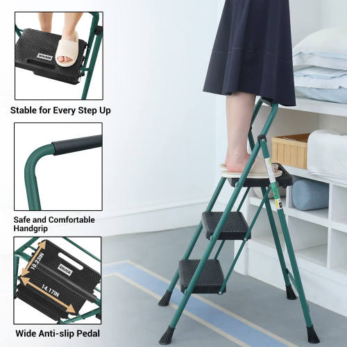 4 Step Ladder, CoolHut Folding Step Stool, Step Stool with Wide Anti-Slip Pedal, Portable Folding Step Ladder with Handgrip, Multi-use Steel Ladder