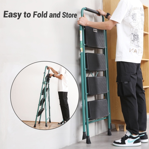 4 Step Ladder, CoolHut Folding Step Stool, Step Stool with Wide Anti-Slip Pedal, Portable Folding Step Ladder with Handgrip, Multi-use Steel Ladder
