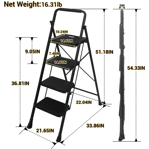 4 Step Ladder, CoolHut Folding Step Stool, Step Stool with Wide Anti-Slip Pedal, Portable Folding Step Ladder with Handgrip, Multi-use Steel Ladder