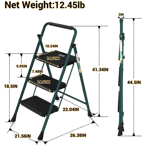 3 Step Ladder, CoolHut Folding Step Stool, Step Stool with Wide Anti-Slip Pedal, Portable Folding Step Ladder with Handgrip, Multi-use Steel Ladder