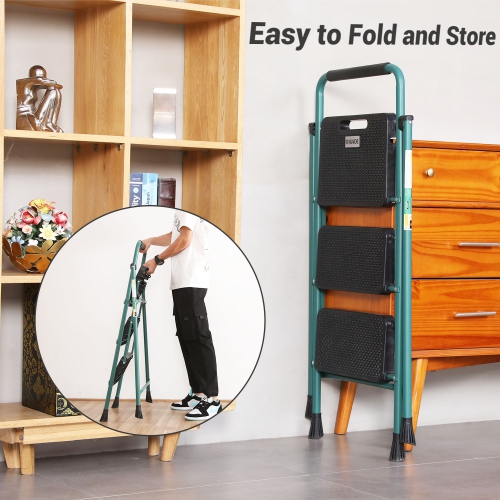 3 Step Ladder, CoolHut Folding Step Stool, Step Stool with Wide Anti-Slip Pedal, Portable Folding Step Ladder with Handgrip, Multi-use Steel Ladder