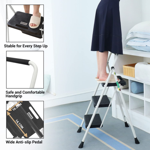 4 Step Ladder, CoolHut Folding Step Stool, Step Stool with Wide Anti-Slip Pedal, Portable Folding Step Ladder with Handgrip, Multi-use Steel Ladder