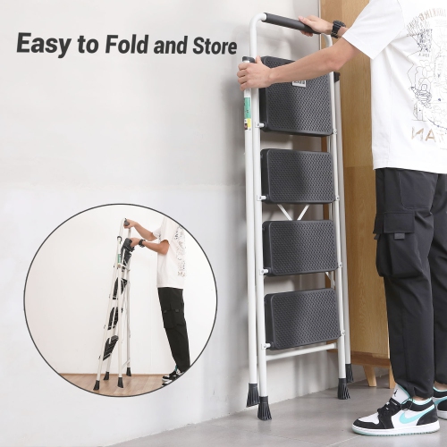 4 Step Ladder, CoolHut Folding Step Stool, Step Stool with Wide Anti-Slip Pedal, Portable Folding Step Ladder with Handgrip, Multi-use Steel Ladder