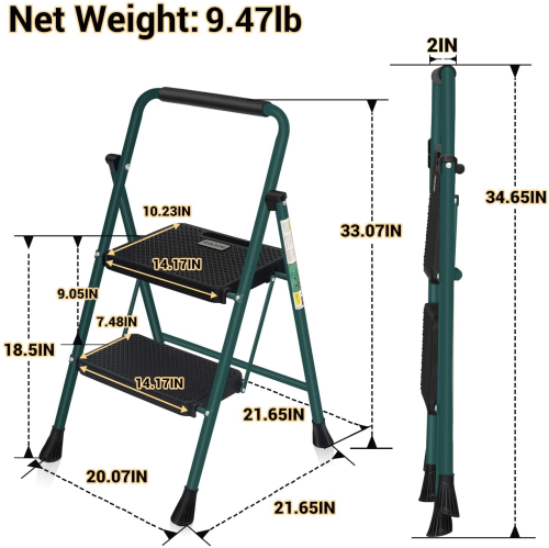 2 Step Ladder, CoolHut Folding Step Stool, Step Stool with Wide Anti-Slip Pedal, Portable Folding Step Ladder with Handgrip, Multi-use Steel Ladder