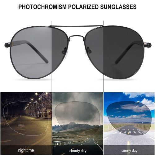Photochromic Sunglasses, Aviator Polarized Driving Glasses w/Large Metal Frame