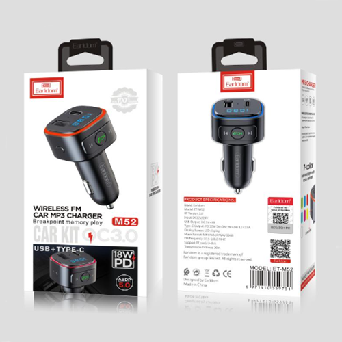 Earldom M52 – Chargeur MP3 FM sans fil pour l’auto, port USB+type-C.