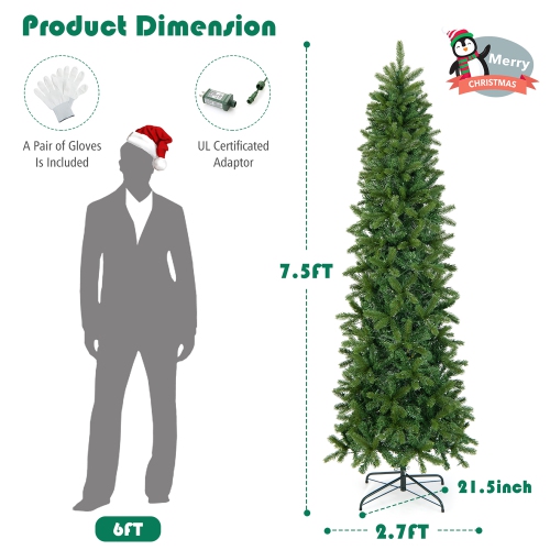 Gymax 7.5FT Hinged Pre-lit Christmas Slim Pencil Tree w/ 10 Lighting Modes & 796 Tips