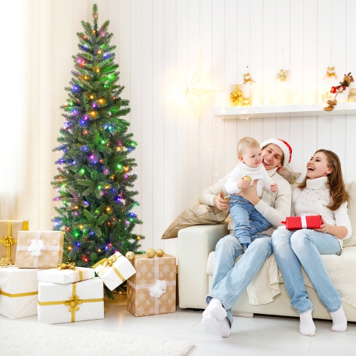 Gymax 7.5FT Hinged Pre-lit Christmas Slim Pencil Tree w/ 10 Lighting Modes & 796 Tips