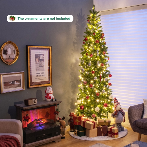 Gymax 7.5FT Hinged Pre-lit Christmas Slim Pencil Tree w/ 10 Lighting Modes & 796 Tips