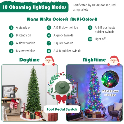 Gymax 7.5FT Hinged Pre-lit Christmas Slim Pencil Tree w/ 10 Lighting Modes & 796 Tips