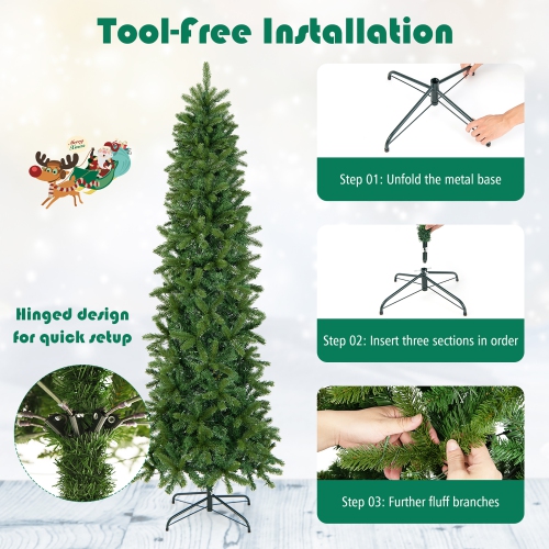Gymax 7.5FT Hinged Pre-lit Christmas Slim Pencil Tree w/ 10 Lighting Modes & 796 Tips
