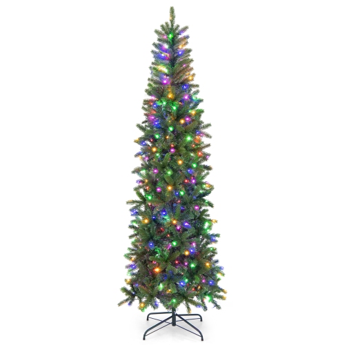 Gymax 7.5FT Hinged Pre-lit Christmas Slim Pencil Tree w/ 10 Lighting Modes & 796 Tips