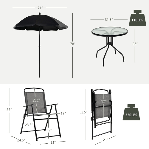 Gymax 6PCS Patio Garden Dining Set w/ Round Table & 4 Folding Chairs & Tiltable Umbrella