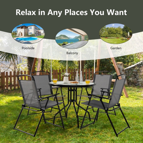 Gymax 6PCS Patio Garden Dining Set w/ Round Table & 4 Folding Chairs & Tiltable Umbrella
