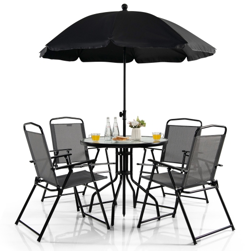 Gymax 6PCS Patio Garden Dining Set w/ Round Table & 4 Folding Chairs & Tiltable Umbrella