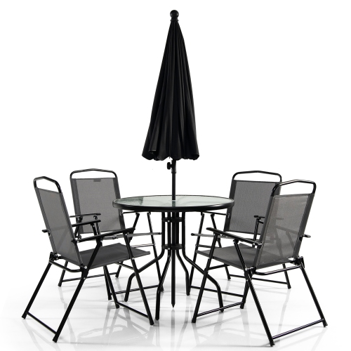 Gymax 6PCS Patio Garden Dining Set w/ Round Table & 4 Folding Chairs & Tiltable Umbrella