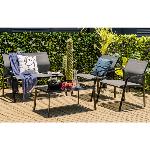 Gymax 4PCS Patio Conversation Futniture Set w/ Fabric and Anti-Rust Steel Frame