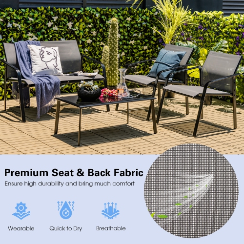Gymax 4PCS Patio Conversation Futniture Set w/ Fabric and Anti-Rust Steel Frame