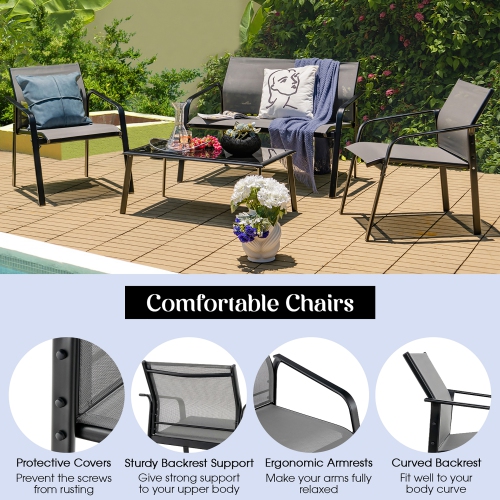 Gymax 4PCS Patio Conversation Futniture Set w/ Fabric and Anti-Rust Steel Frame