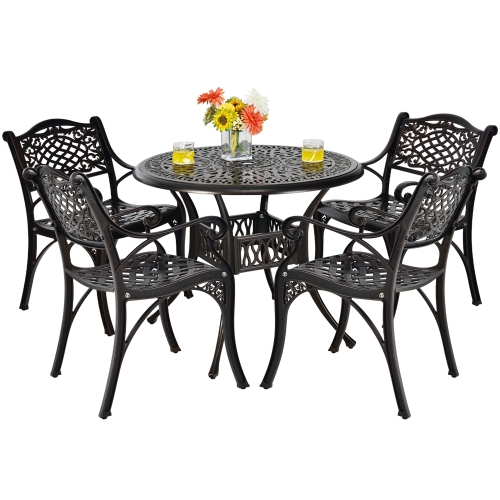 Gymax 5PCS Cast Aluminum Patio Bistro Set Outdoor Dining Table & Chair Furniture Set