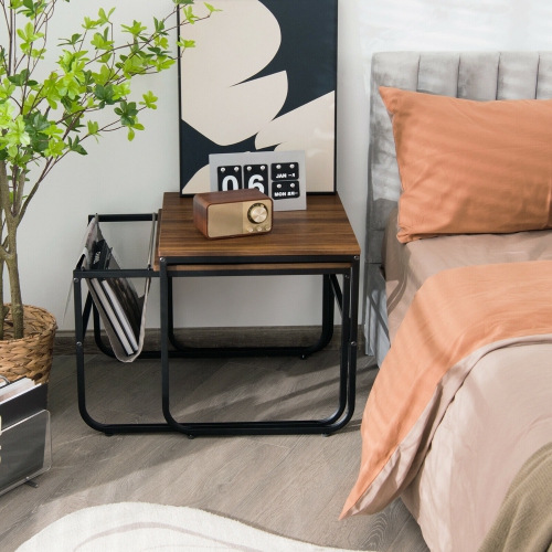Gymax Nesting Coffee Table Set of 2 Industrial Stackable Side Table w/ Magazine Holder