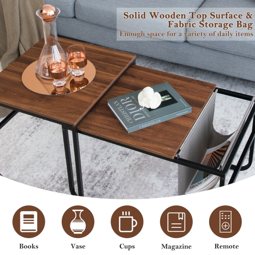 Gymax Nesting Coffee Table Set of 2 Industrial Stackable Side Table w/ Magazine Holder