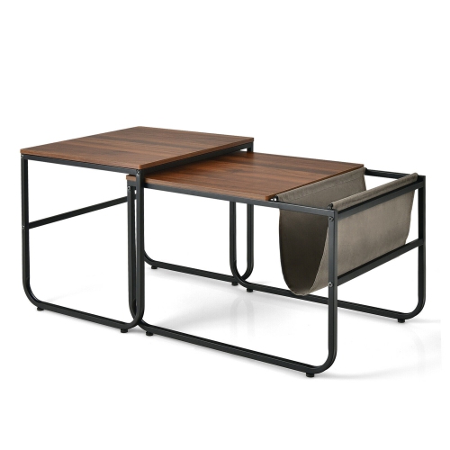 Gymax Nesting Coffee Table Set of 2 Industrial Stackable Side Table w/ Magazine Holder