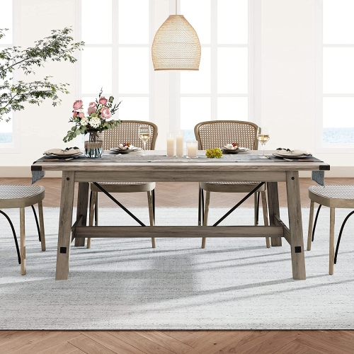 WAMPAT Farmhouse Dining Room Table for 6 Person, 67.7 Inch Rectangular Wood Modern Kitchen Table with Metal Decor and Footrest, Rustic Grey
