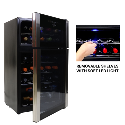Koolatron 29 Bottle Dual Zone Wine Cooler, Black, Compressor Wine Fridge, Freestanding Wine Cellar, Red, White, Sparkling Wine Storage in Home Bar,