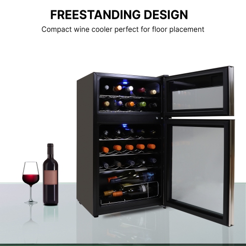 Koolatron 29 Bottle Dual Zone Wine Cooler, Black, Compressor Wine Fridge, Freestanding Wine Cellar, Red, White, Sparkling Wine Storage in Home Bar,