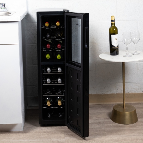 Koolatron 18 Bottle Slim Dual Zone Wine Cooler, Black Wine Fridge, Freestanding Wine Cellar, Red, White, Sparkling Wine Storage for Home Bar,