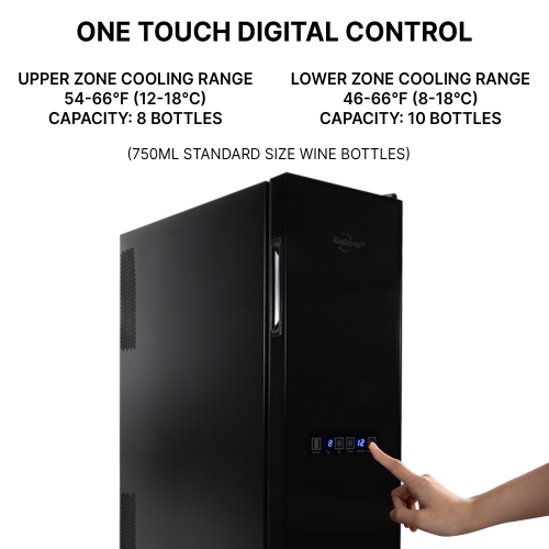 Koolatron 18 Bottle Slim Dual Zone Wine Cooler, Black Wine Fridge, Freestanding Wine Cellar, Red, White, Sparkling Wine Storage for Home Bar,