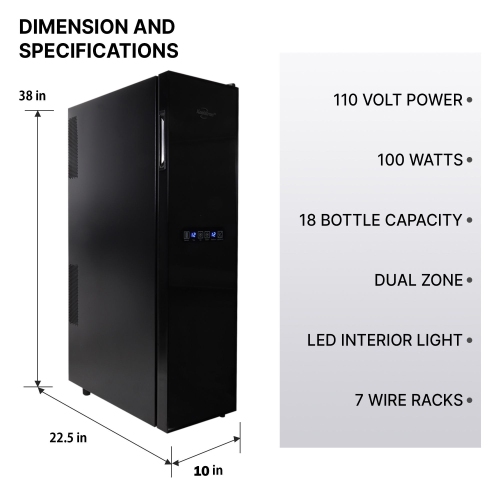 Koolatron 18 Bottle Slim Dual Zone Wine Cooler, Black Wine Fridge, Freestanding Wine Cellar, Red, White, Sparkling Wine Storage for Home Bar,