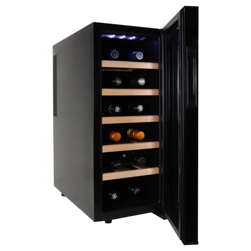 Koolatron Deluxe 12 Bottle Wine Cooler with Beech Wood Racks, Black, Wine Fridge, Freestanding Wine Cellar, Red, White and Sparkling Wine Storage for