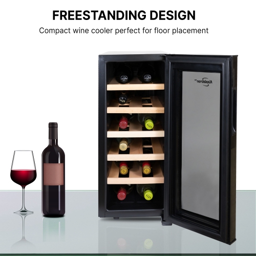 Koolatron Deluxe 12 Bottle Wine Cooler with Beech Wood Racks, Black, Wine Fridge, Freestanding Wine Cellar, Red, White and Sparkling Wine Storage for